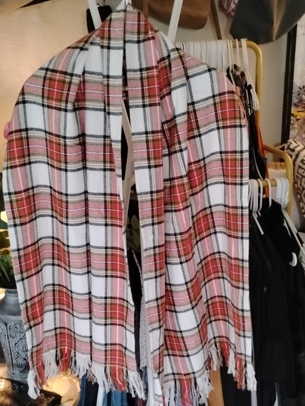 Fall Plaid Fringe Scarf - White, Red, Tan And Pink Tones